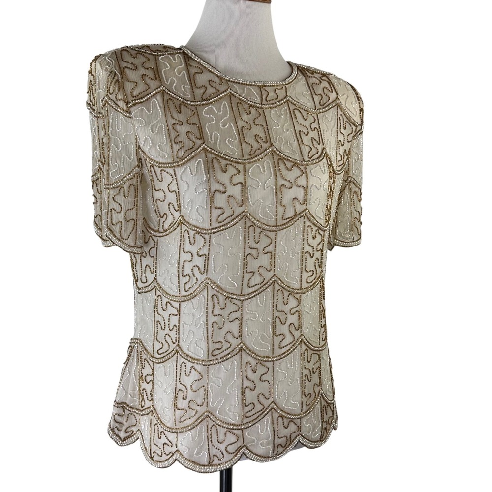 Stenay Vintage Silk Beaded Blouse Gold White Scalloped Pearl Evening Top Women M